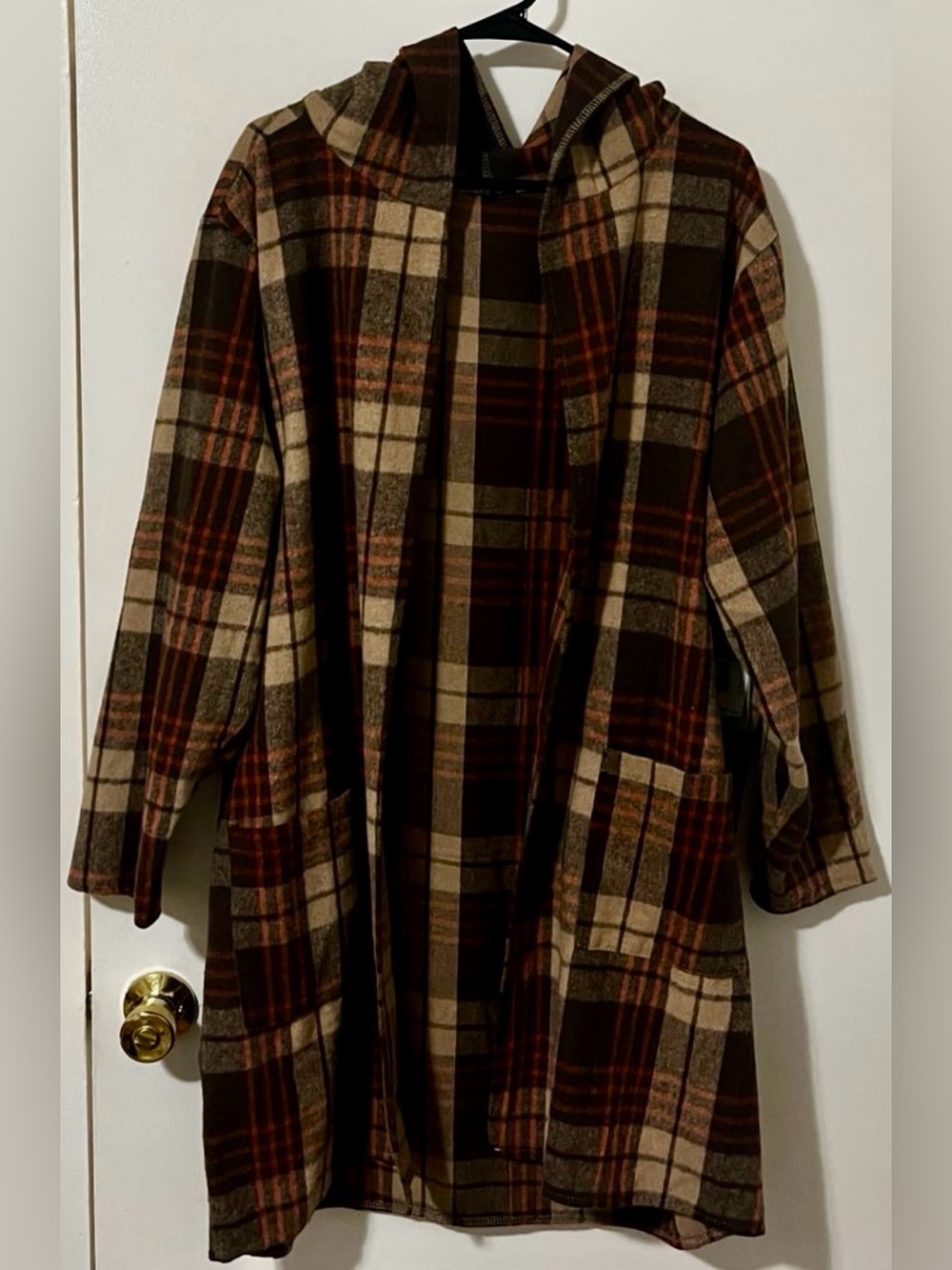 Plaid Hooded Cardigan in Brown, Tan & Cream